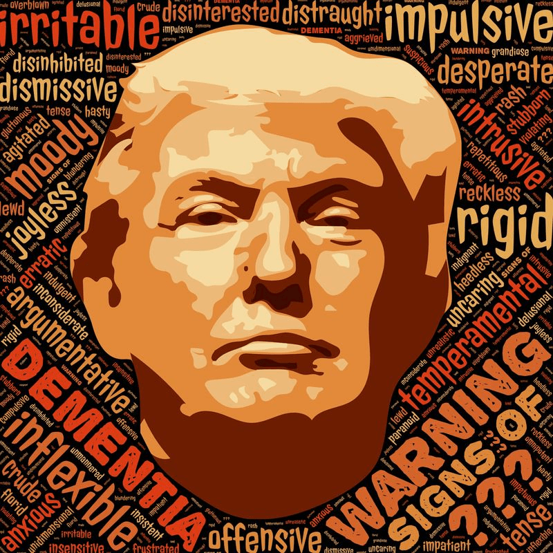 Stylized portrait of Donald Trump surrounded by behavior-describing words